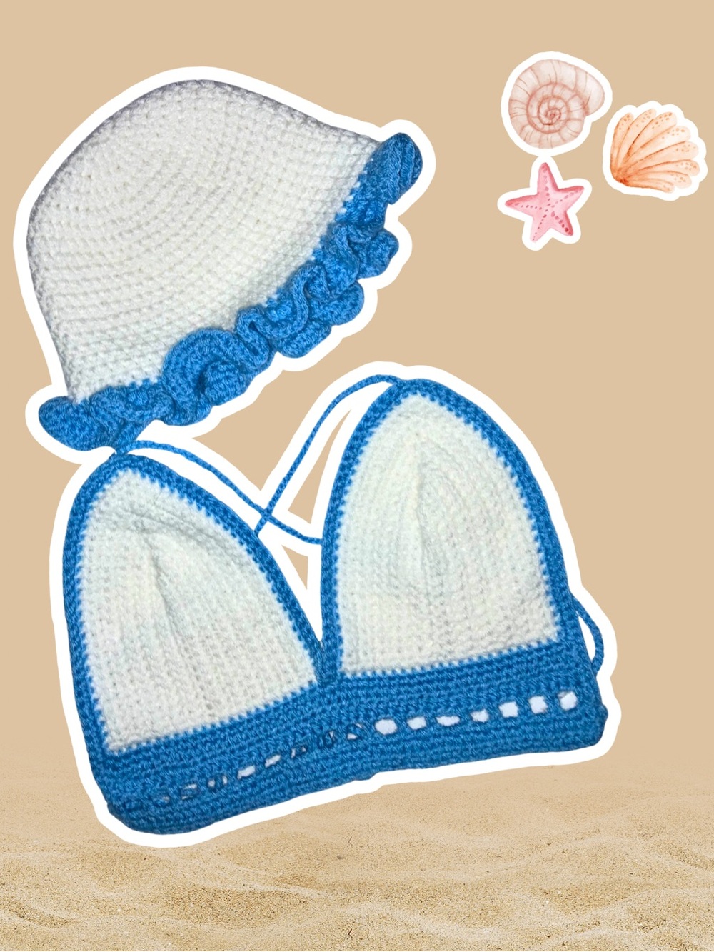 Crocheted bikini top set with matching hat